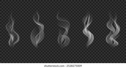 Vector realistic wavy mist, hot food steam, cigarette smoke. Set of white steam, haze, fume isolated on transparent backdrop