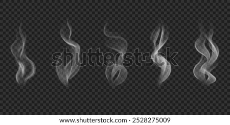 Vector realistic wavy mist, hot food steam, cigarette smoke. Set of white steam, haze, fume isolated on transparent backdrop