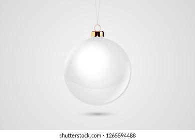 Vector Realistic White 3d Christmas Glossy Glass Ball Icon, Mock-up Closeup Isolated on White Background. Design Template of Xmas and New Year Tree Toy Decoration Ball for Mockup. Front View