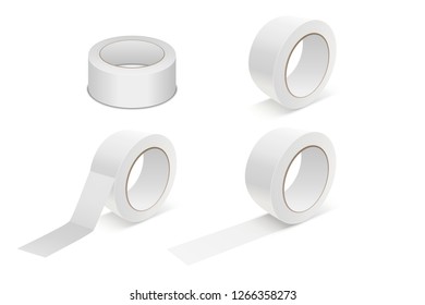 Vector Realistic White 3d Matte Tape Roll Icon Set or Mock-up Closeup Isolated on White Background. Design Template of Packaging Sticky Tape Roll or Adhesive Tape for Mockup. Front View