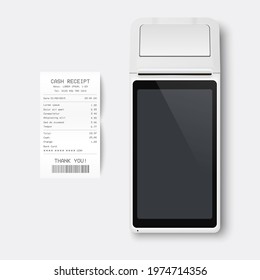 Vector Realistic White 3d Payment Machine. POS Terminal, Paper Receipt Closeup Isolated on White Background. Design Template of Bank Payment Terminal, Mockup. Processing NFC Payments Device. Top View