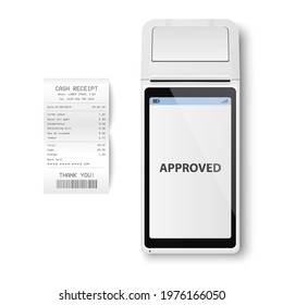 Vector Realistic White 3d Payment Machine. POS Terminal, Paper Receipt Closeup Isolated. Approved Payment. Design Template of Bank Payment Terminal, Mockup. Processing NFC Payments Device. Top View