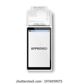 Vector Realistic White 3d Payment Machine. POS Terminal, Paper Receipt Closeup Isolated. Approved Payment. Design Template of Bank Payment Terminal, Mockup. Processing NFC Payments Device. Top View