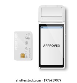 Vector Realistic White 3d Payment Machine. POS Terminal, Credit Card Closeup Isolated. Approved Payment. Design Template of Bank Payment Terminal, Mockup. Processing NFC Payments Device. Top View