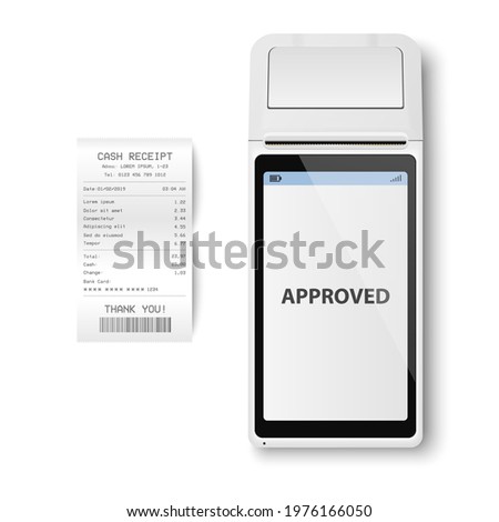 Vector Realistic White 3d Payment Machine. POS Terminal, Paper Receipt Closeup Isolated. Approved Payment. Design Template of Bank Payment Terminal, Mockup. Processing NFC Payments Device. Top View