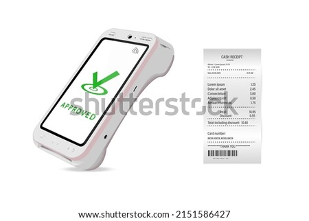 Vector Realistic white 3d Payment Machine. Close-up of a POS terminal with a receipt on a white background. Design template, layout. NFC payment processing device. Top View