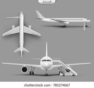 Vector Realistic White Aircraft Mockup Set. Blank Airplane, Airliner With Jet Ladder From Top, Side And Front View. 3d Detailed Commercial Jet Passenger Plane Template. Illustration On Grey Background