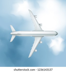 Vector realistic white airplane isolated on cloudy sky background, view from above