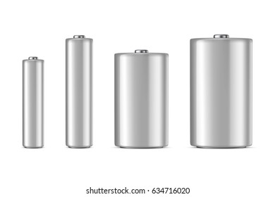 Vector realistic white alkaline batteriy icon set. Diffrent size - AAA, AA, C, D. Design template for branding, mockup. Closeup isolated on white background.