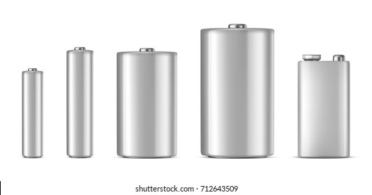 Vector realistic white alkaline batteriy icon set. Diffrent size - AAA, AA, C, D, PP3. Design template for branding, mockup. Closeup isolated on white background. Stock vector.