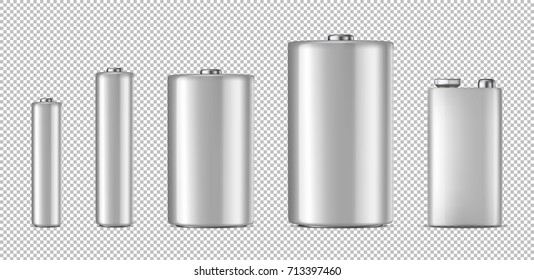 Vector realistic white alkaline batteriy icon set. Diffrent size - AAA, AA, C, D, PP3. Design template for branding, mockup. Closeup isolated on transparent background. Stock vector.