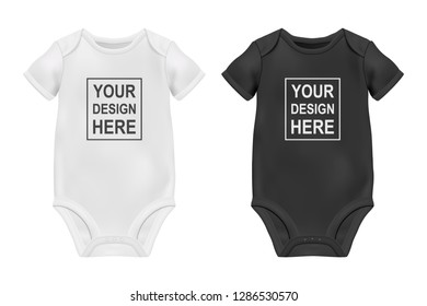 Vector Realistic White and Black Blank Baby Bodysuit Template, Mock-up Closeup Isolated on White. Front and Back Side. Body children, baby shirt, onesie. Accessories, clothes for newborns. Top view
