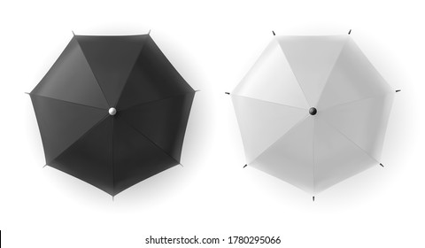 Vector realistic white and black blank umbrella closeup Isolated on white background. Mock-up top view