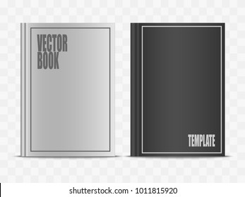 Vector realistic white and black book mock up isolated on transparent background. 3d vertical front view notebook mockup illustration for your design. Hardcover closed standing diary template