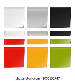 Vector realistic white and black, and color square memo sticker label mock up isolated.  Sticky note paper reminder templates. 3d paper sheet mockup illustration for your design.
