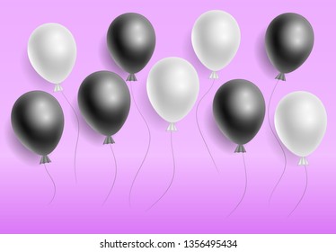 Vector realistic white and black helium balloons on violet background. Taamplate for greeting card. Three-dimensional illustration. Eps 10.