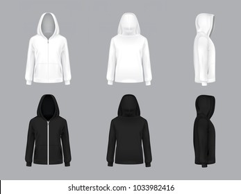 Vector realistic white and black hoodie with long sleeves and pockets, front, back, side view, casual unisex model, sportswear, sweatshirt with hood isolated on background. Mockup for clothes design