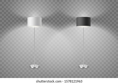 Vector Realistic White and Black Illuminated Lamp Set Isolated on Transparent Background. Floor Lamp. Template of Electric Torchere for Interior Design, Energy Furniture. Home Equipment, Modern Style