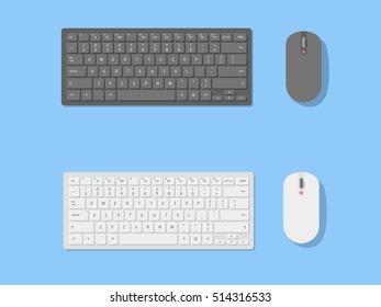Vector realistic white and black keyboard and mouse on blue background.