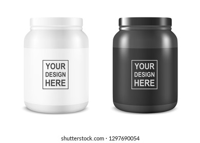 Vector Realistic White and Black Plastic Jar, Can with Lid Set Closeup Isolated on White Background. Design Template of Whey Protein, Sport Powder, Vitamins, BCAA, Pills, Caps for Mockup. Front View