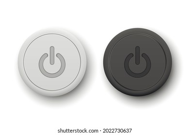 Vector Realistic White And BlackPlastic Knob Set Closeup Isolated On White. Circle Button Icon, Design Template Of Power Volume Playback Control. Top, Front View