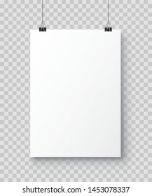 Vector realistic white blank A4 paper poster hanging on a rope with clip - stock vector.