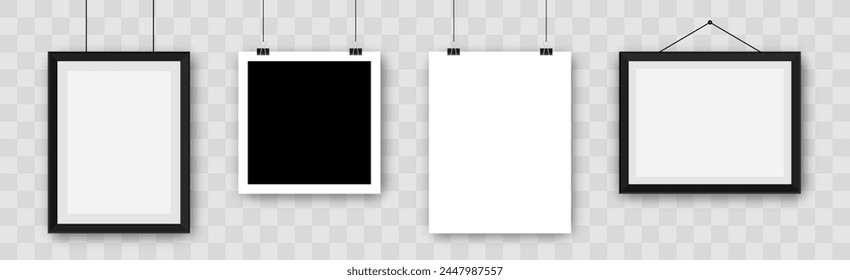 Vector realista blanco en blanco A4 cartel de papel. Diseño de póster, Plantilla o maqueta. Plantilla de carteles de Vector blanco. Colgando de una cuerda con Clip