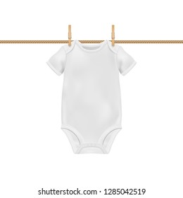 Vector Realistic White Blank Baby Bodysuit Template, Mock-up Hanging On Rope With Clothes Peg Closeup Isolated On White Background. Body Children, Baby Shirt, Onesie. Accessories, Lothes For Newborns