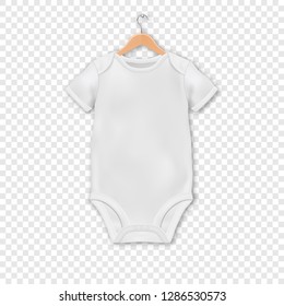 Vector Realistic White Blank Baby Bodysuit Template, Mock-up Hanging on a Hanger Closeup Isolated on Transparent Background. Body Children, Baby Shirt, Onesie. Accessories, lothes for Newborns