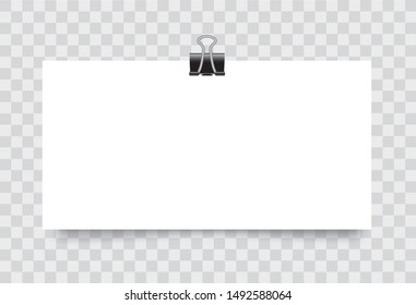 Vector realistic white blank paper poster hanging on a rope with clip - stock vector.