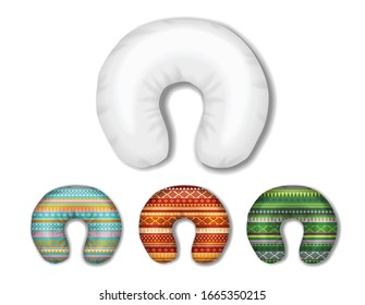 Viaje de almohada blanca y vectorial para el cuello. Plantilla de simulación de almohada de diferentes diseños para su diseño