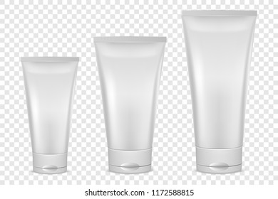 Vector realistic white blank plastic closed cosmetic tube icon set closeup isolated on transparency grid background. Different size - small, medium, large. Design template for graphics, packaging