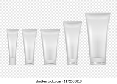 Vector realistic white blank plastic closed cosmetic tube icon set closeup isolated on transparency grid background. Different size. Design template for graphics, packaging, mockup. Front view. Can be - Powered by Shutterstock - Get 15% off with code: PIKWIZARD15