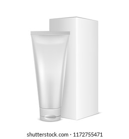 Vector realistic white blank plastic closed cosmetic tube icon with box closeup isolated on white background. Design template for graphics, packaging, mockup. Front view. Can be used for cosmetic