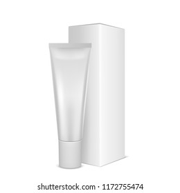 Vector realistic white blank plastic closed cosmetic tube icon with box closeup isolated on white background. Design template for graphics, packaging, mockup. Front view. Can be used for cosmetic
