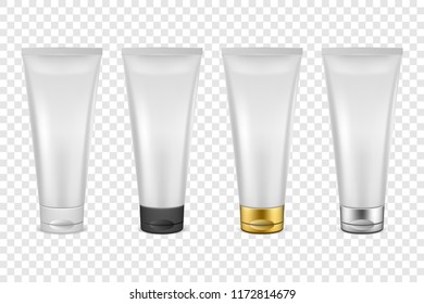 Vector realistic white blank plastic closed cosmetic tube icon set closeup isolated on transparency grid background. White, black, gold and silver cap. Design template for graphics, packaging, mockup