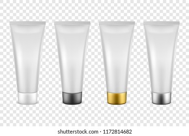 Vector realistic white blank plastic closed cosmetic tube icon set closeup isolated on transparency grid background. White, black, gold and silver cap. Design template for graphics, packaging, mockup