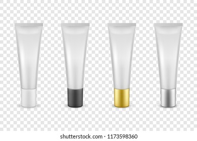 Vector realistic white blank plastic closed cosmetic tube icon set closeup isolated on transparency grid background. White, black, gold and silver cap. Design template for graphics, packaging, mockup