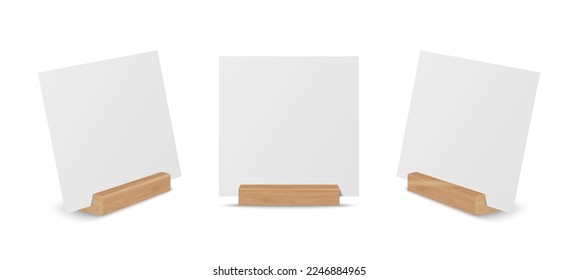 Vector Realistic White Blank Square Paper Sheet, Card on Wooden Holder, Stand Set Closeup Isolated on White Background. Design Template for Mockup, Menu Frame, Booklets. Acrylic Tent Card
