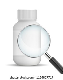 Vector realistic white bottle template with magnifying glass - ingredients, analysis