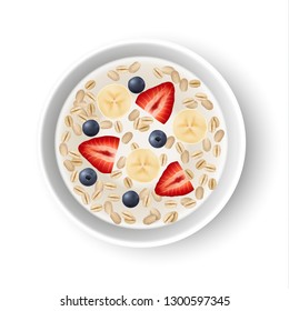 Vector realistic white bowl with milk, oat flakes, strawberries, bananas and blueberries - fit and healthy breakfast illustration 