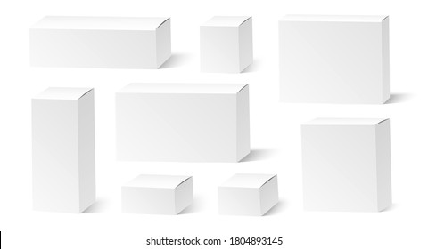 Vector realistic white boxes mockup set. Empty cardboard packages for merchandise and delivery. Square and rectangular blank containers for branding design.