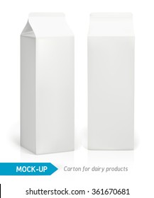 Vector realistic white cardboard package for dairy products, juice or milk. Mock-up packages