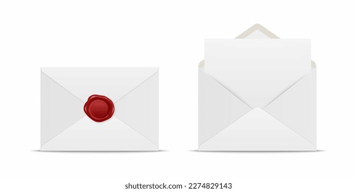 Vector Realistic White Closed Envelope with Red Wax Seal and Opened Envelope with Letter Inside. Folded and Unfolded White Envelope Icon Set Isolated. Message, Alert, Surprise, Secret Concept