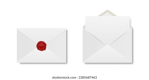 Vector Realistic White Closed Envelope with Red Wax Seal and Opened Envelope with Letter Inside. Folded and Unfolded White Envelope Icon Set Isolated. Message, Alert, Surprise, Secret Concept