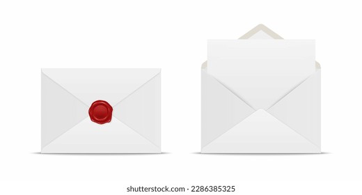 Vector Realistic White Closed Envelope with Red Wax Seal and Opened Envelope with Letter Inside. Folded and Unfolded White Envelope Icon Set Isolated. Message, Alert, Surprise, Secret Concept