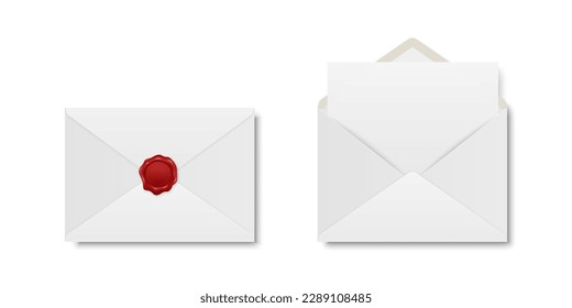 Vector Realistic White Closed Envelope with Red Wax Seal and Opened Envelope with Letter Inside. Folded and Unfolded White Envelope Icon Set Isolated. Message, Alert, Surprise, Secret Concept