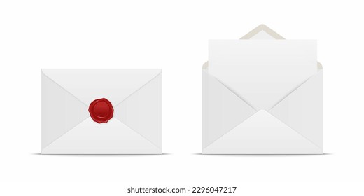 Vector Realistic White Closed Envelope with Red Wax Seal and Opened Envelope with Letter Inside. Folded and Unfolded White Envelope Icon Set Isolated. Message, Alert, Surprise, Secret Concept