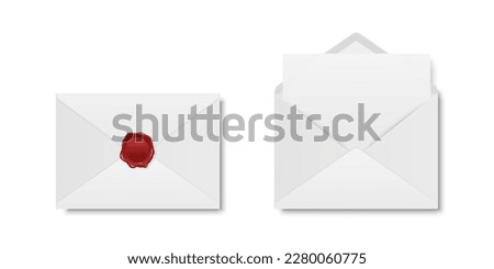 Vector Realistic White Closed Envelope with Red Wax Seal and Opened Envelope with Letter Inside. Folded and Unfolded White Envelope Icon Set Isolated. Message, Alert, Surprise, Secret Concept