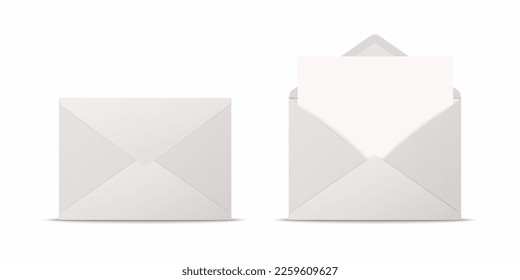 Vector Realistic White Closed, Opened Envelopes with Letter Inside. Folded and Unfolded White Envelope Icon, Mockup Set Closeup Isolated. Message, Alert, Congratulations, Surprise, Secret Concept